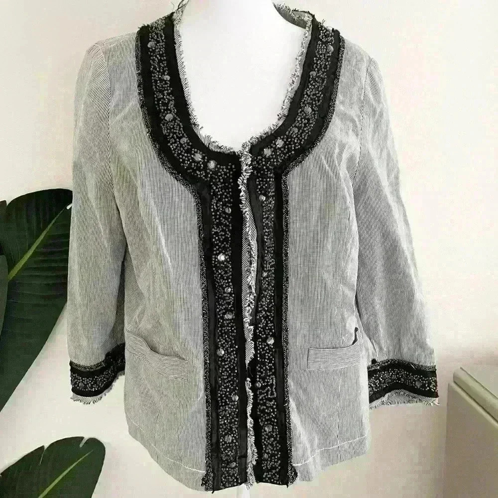 INC Womens Gray Railroad Stripe Cotton Blazer Beaded Trim Blazer Size Large